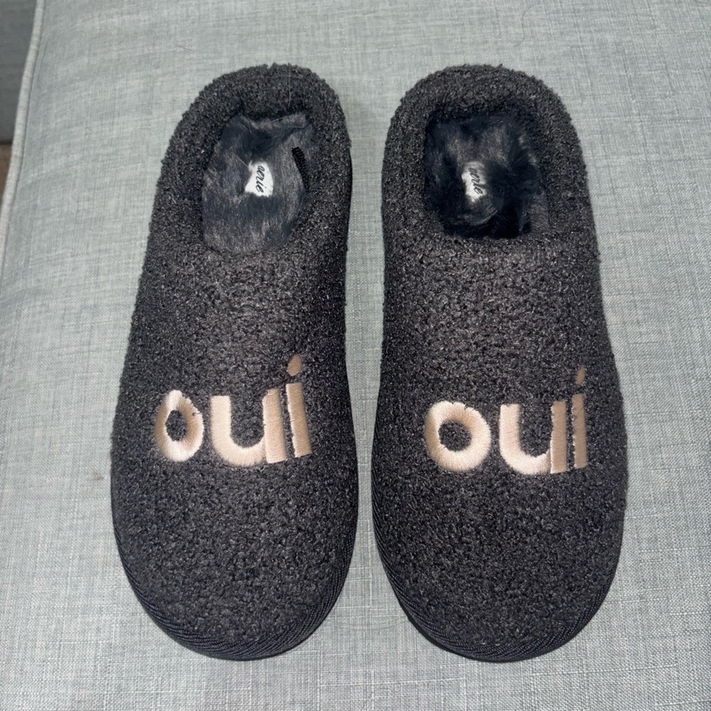 Aerie Black Slippers with Oui Embroidery